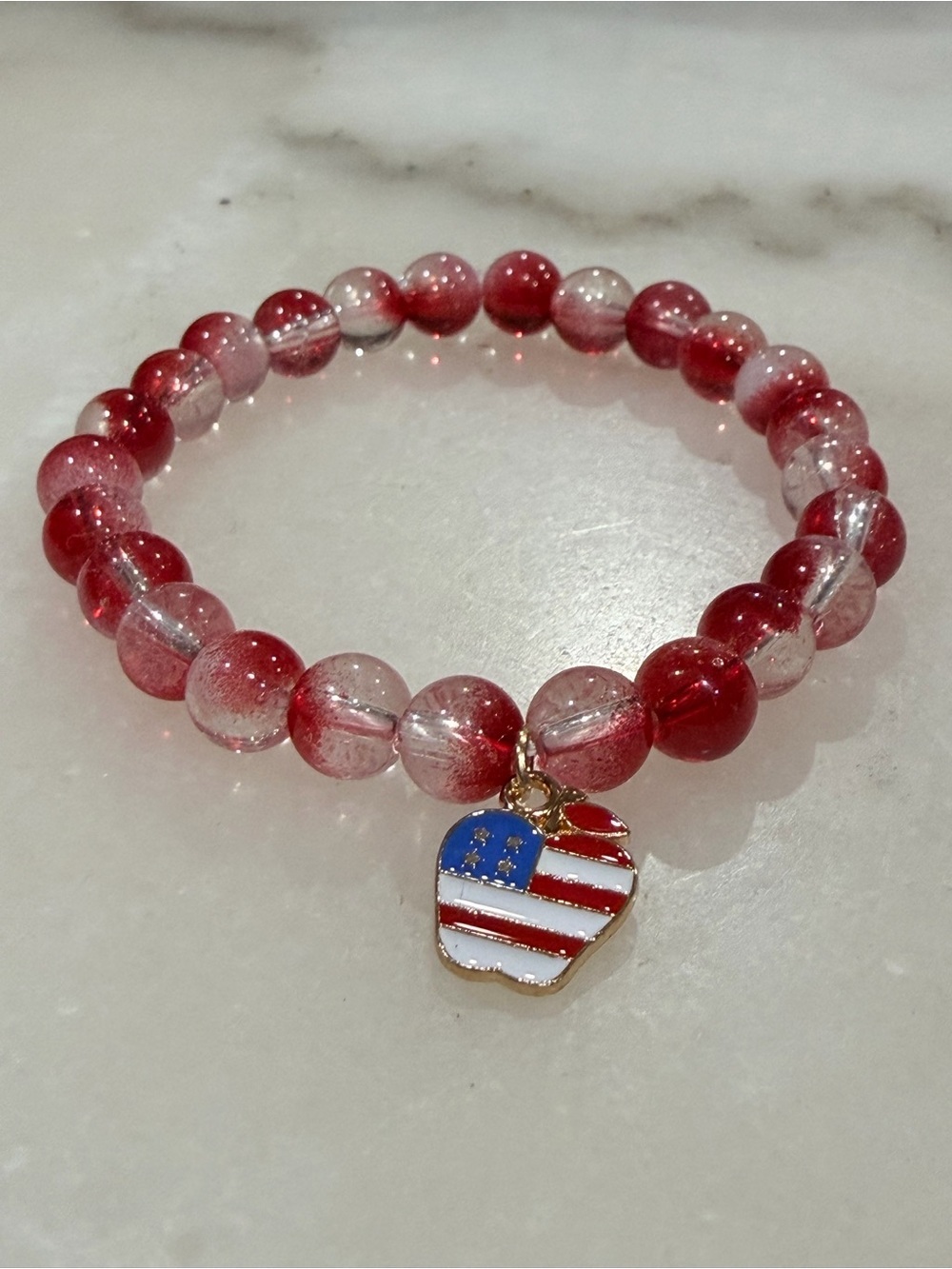 Red Beaded Stretch Bracelet with American Flag Heart Charm